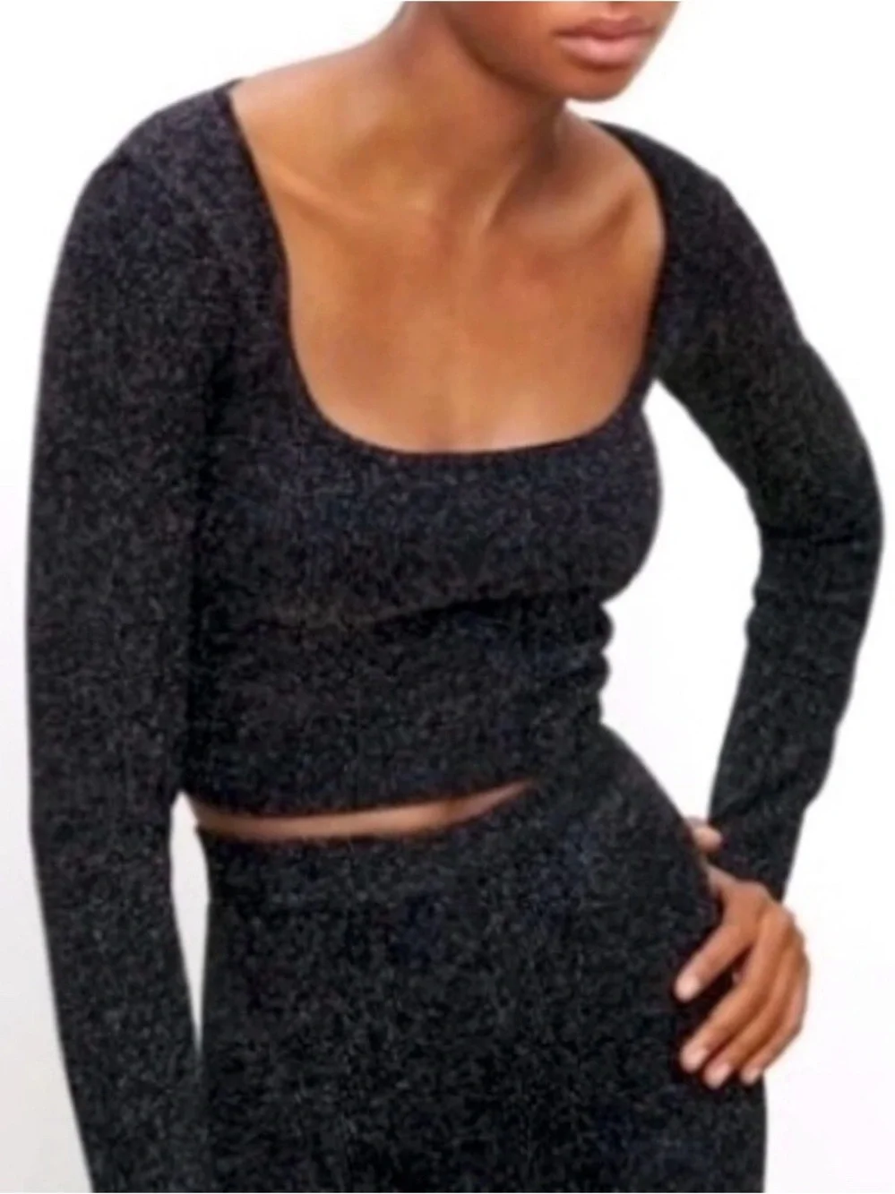 NWT Zara Limitless Contour Metallic Knit Crop Top Black Sparkle Long Sleeve